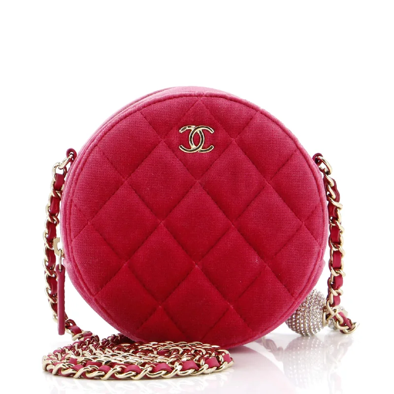 Pearl Crush Round Clutch with Chain Quilted Velvet with Crystal Detail