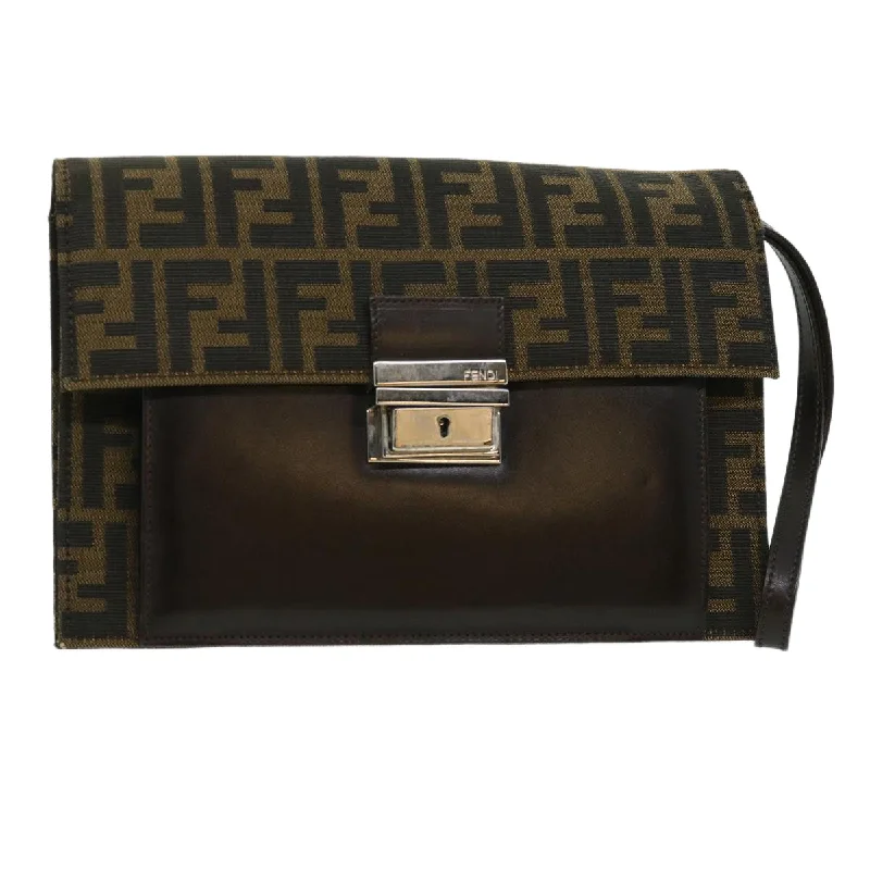 Fendi handbags with a glow - in - the - dark FF logo for a fun and unique featureFENDI Zucca Canvas Clutch Bag Brown  yk5039