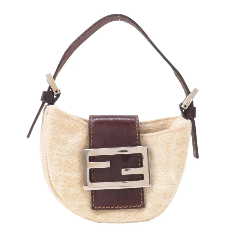 Fendi handbags with a metallic - finish FF logo for a bold and glamorous lookFendi Zucca Croissant Canvas Leather Mini Bag Pouch 26673 Beige