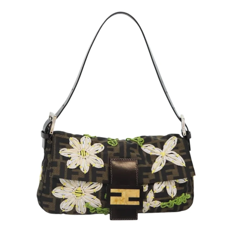 Fendi Baguette bags in a limited - edition colorway for a rare and exclusive lookFENDI Zucca Canvas Flower Embroidery Mamma Baguette Bag Black Brown  ki4974