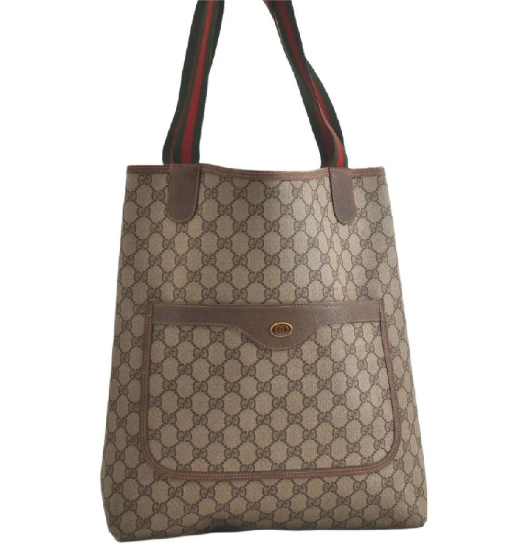 Gucci tote bags for women with a printed Gucci logoAuthentic GUCCI Web Sherry Line Shoulder Tote Bag GG PVC Leather Brown 5407K