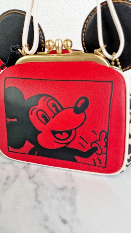 Coach Rogue bags with a detachable shoulder strap for versatile carryingCoach 1941 Disney x Keith Haring Mickey Mouse Ears Kisslock Bag - Retro Mickey Mouse Coach Signature in Red, White & Black Leather - Handbag Crossbody - Coach 7416