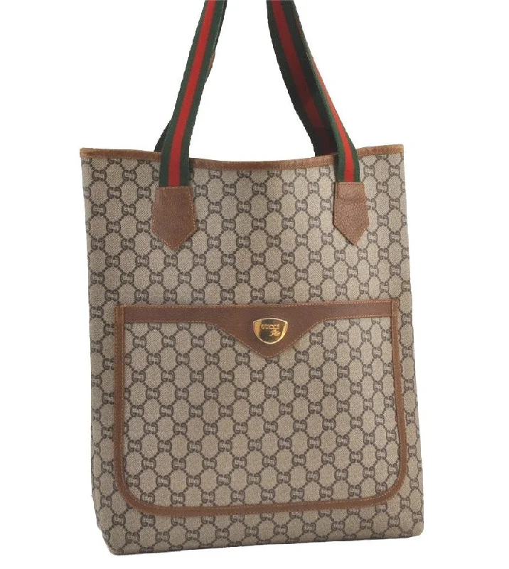 Women Gucci bags with a detachable mirror insideAuthentic GUCCI Vintage Web Sherry Line GG Plus PVC Leather Tote Bag Brown 8858J