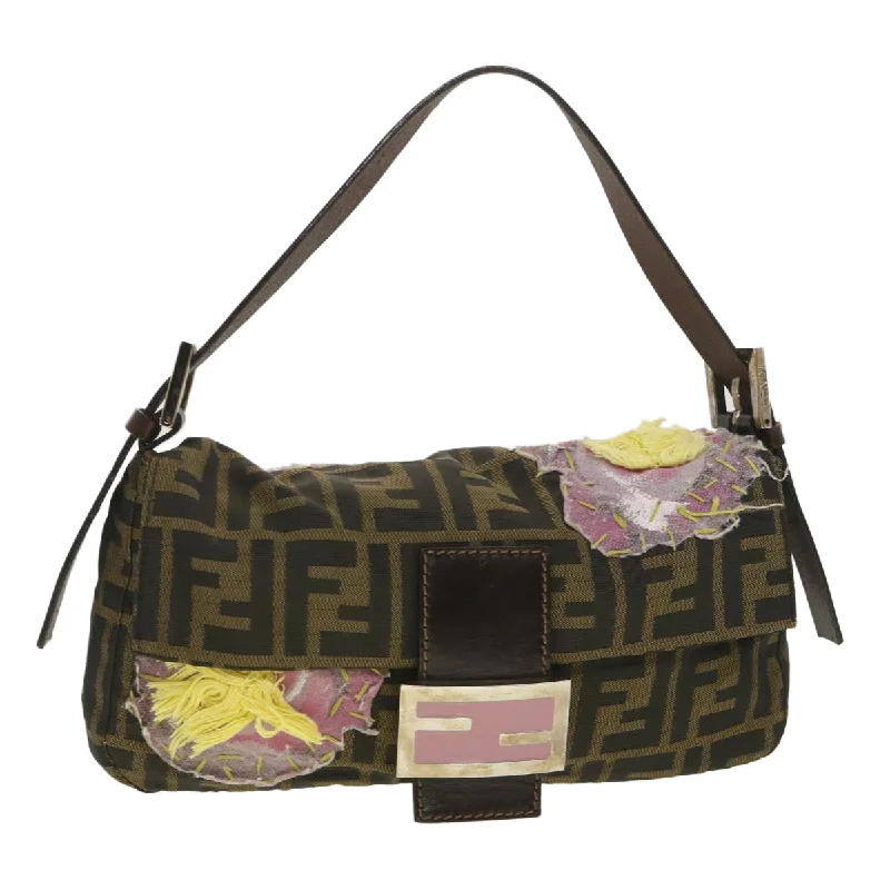 Fendi tote bags with a thermal - insulated pocket for keeping drinks hot or coldFENDI Zucca Canvas flower embroidery Mamma Baguette Shoulder Brown  tb552