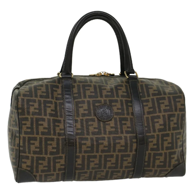 Fendi handbags with a holographic FF logo for a futuristic and trendy lookFENDI Zucca Canvas Boston Bag Leather Black Brown  yk8249