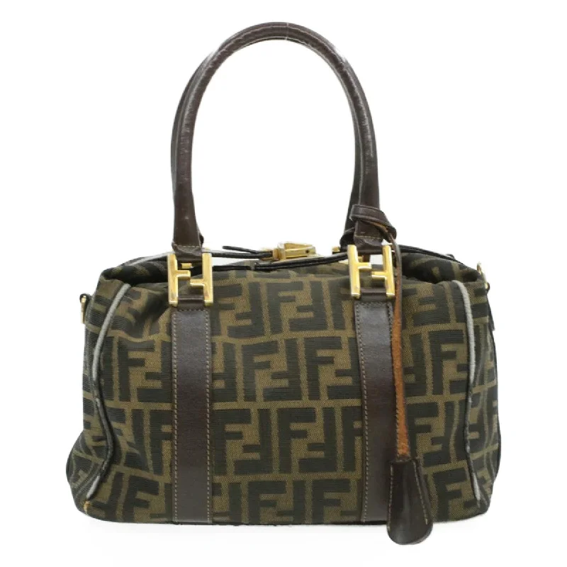 Fendi Baguette bags featuring the iconic FF logo plaque for a branded lookFENDI Zucca Canvas Hand Bag Black Brown Auth am092g