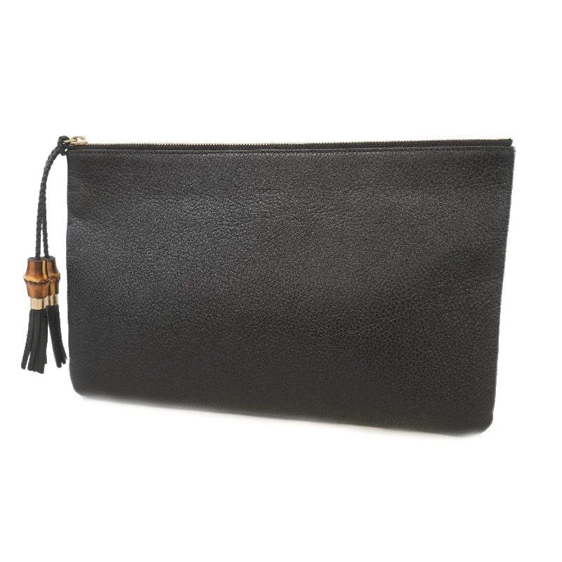 Women Gucci bags with a zip - around closure for securityGucci Clutch Bag Bamboo 449653 Leather Black Gold metal