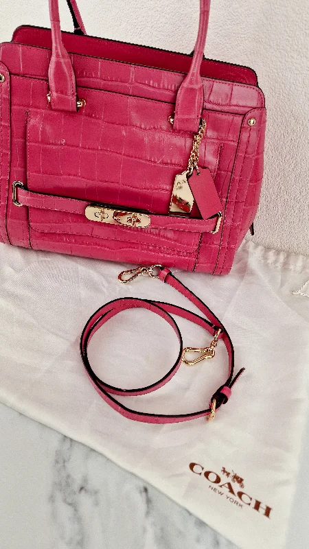 Coach Borough bags with a structured silhouette and a magnetic - snap closureCoach Swagger Frame Bag in Pink Croc Embossed Leather - Handbag Crossbody Bag - Coach 37998