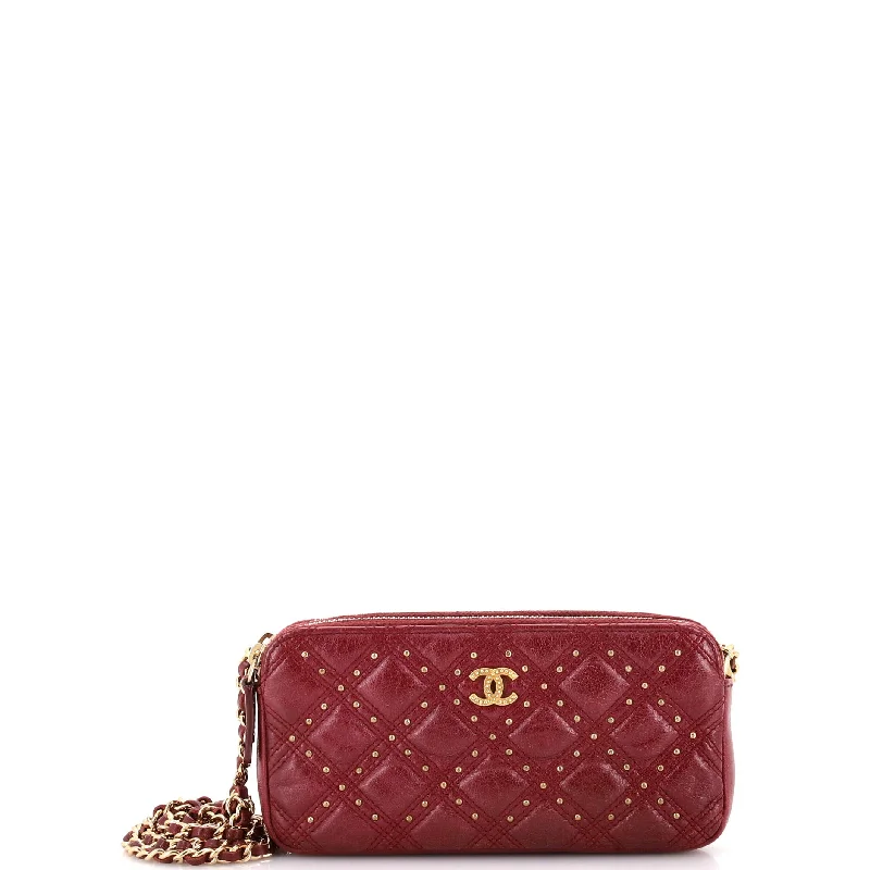 Double Zip Clutch with Chain Studded Quilted Leather