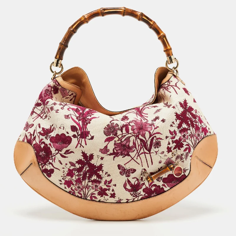 Gucci crossbody bags for women with adjustable leather strapsGucci Magenta/Natural Canvas and Leather Floral Peggy Bamboo Hobo