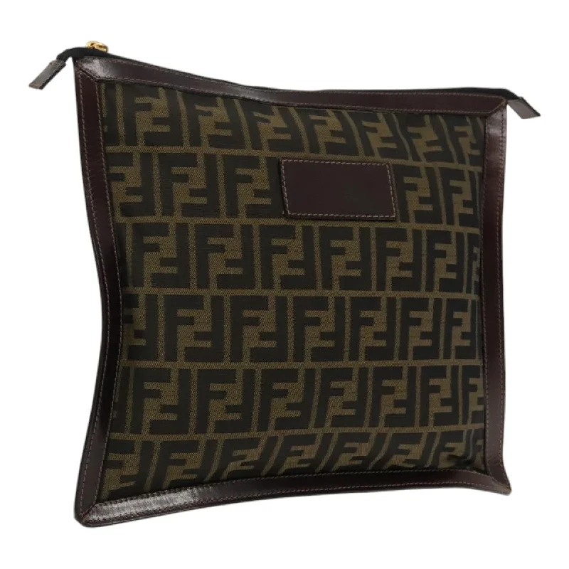 Fendi handbags with a metallic - finish FF logo for a bold and glamorous lookFENDI Zucca Canvas Clutch Bag Brown Black gold  95030