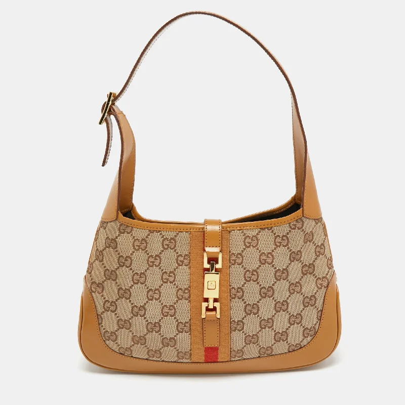 Gucci handbags for women with a back - zip pocketGucci Beige/Brown GG Canvas and Leather Small Jackie Hobo