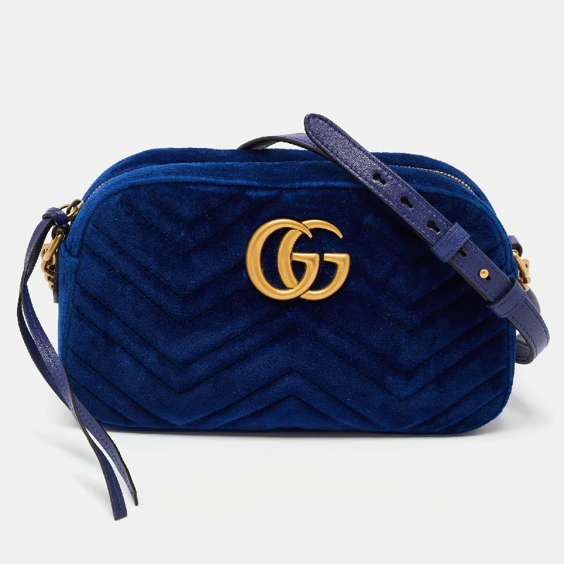 Women Gucci bags with a snap - button closure and a decorative charmGucci Blue Matelasse Velvet Small GG Marmont Shoulder Bag