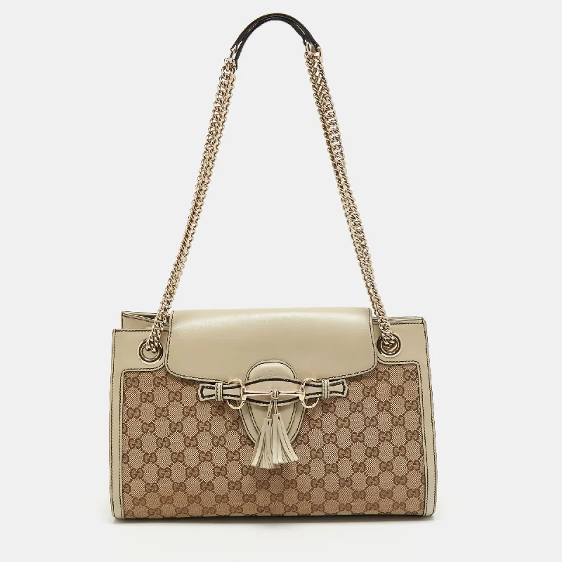 Women Gucci bags with a detachable mobile phone holderGucci Beige GG Canvas and Leather Large Emily Chain Shoulder Bag