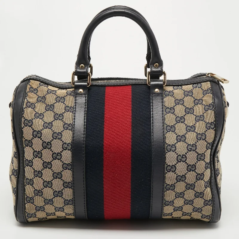 Ladies Gucci shoulder bags with a single - handle designGucci Beige/Blue GG Canvas Joy Web Boston Bag