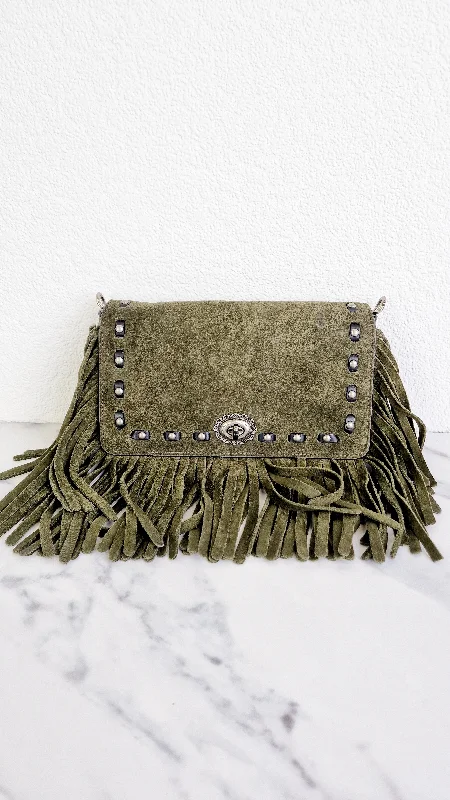 Ladies Coach crossbody bags with a single - strap design for simplicityCoach 1941 Dinky in Fern Green Cervo Suede with Fringe & Light Antique Nickel Concho Turnlock - Crossbody Bag Shoulder Bag - Coach 86821