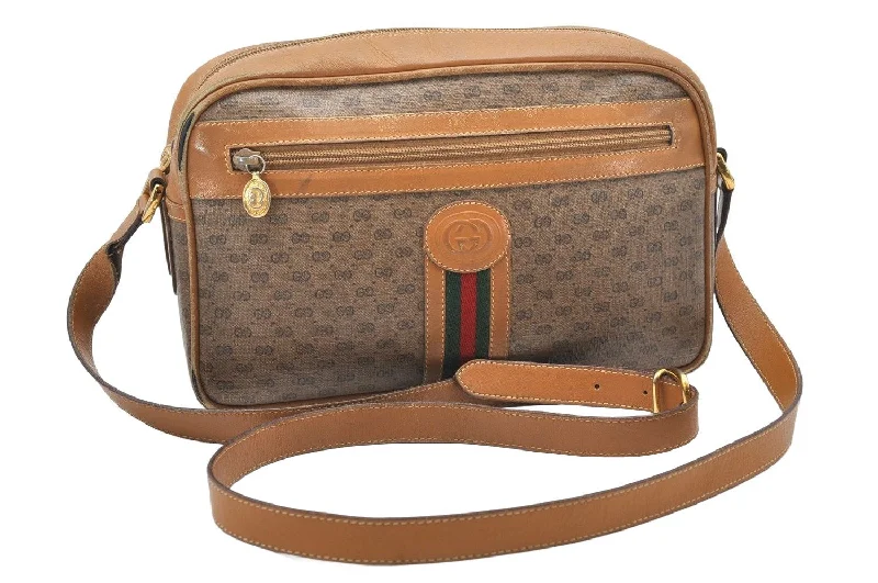 Women Gucci crossbody bags with a printed floral patternAuth GUCCI Web Sherry Line Micro GG Shoulder Bag PVC Leather Brown Junk 5357K