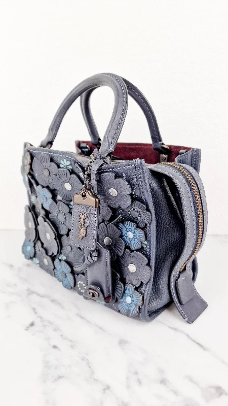 Coach bags with a detachable mirror inside for quick touch - upsCoach 1941 Rogue 25 Tea Rose Appliqué in Midnight Navy Blue Leather & Suede Handbag - Coach 58840