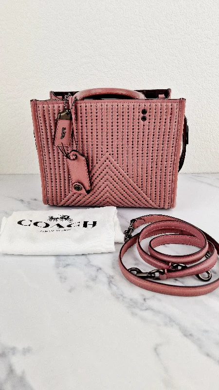 Coach backpacks with a sleek, modern design for a stylish lookCoach 1941 Rogue 25 in Dusty Rose Pink Quilted Studded Chevron Smooth Nappa Leather - Shoulder Bag Handbag - Coach 22797