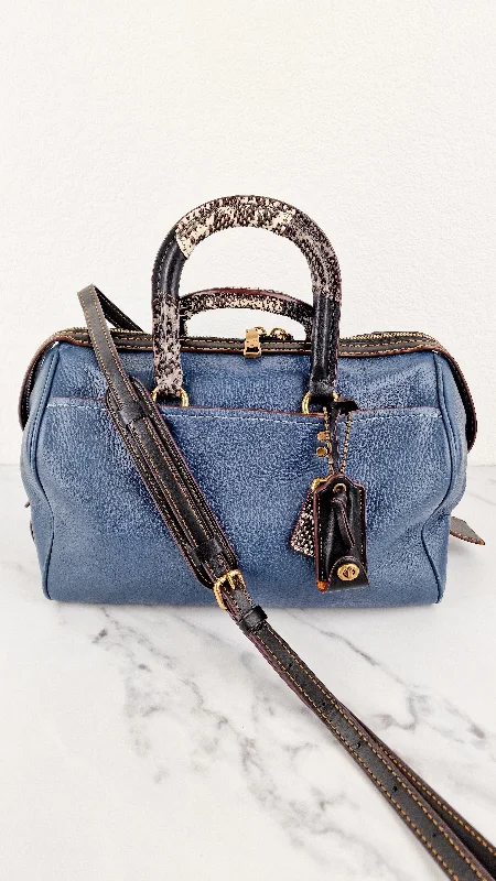 Coach Rogue bags with a detachable shoulder strap for versatile carryingRARE Coach 1941 Rogue Satchel in Dark Denim with Colorblock Patchwork Snakeskin Handles - Barrel Bag - Coach 58690