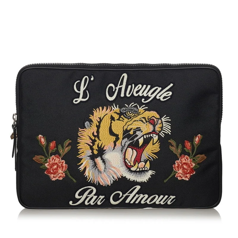 Gucci backpacks for women with a multi - pocket designGucci Embroidered Tiger Clutch Bag Laptop Case 473884 Black Canvas Ladies Gucci