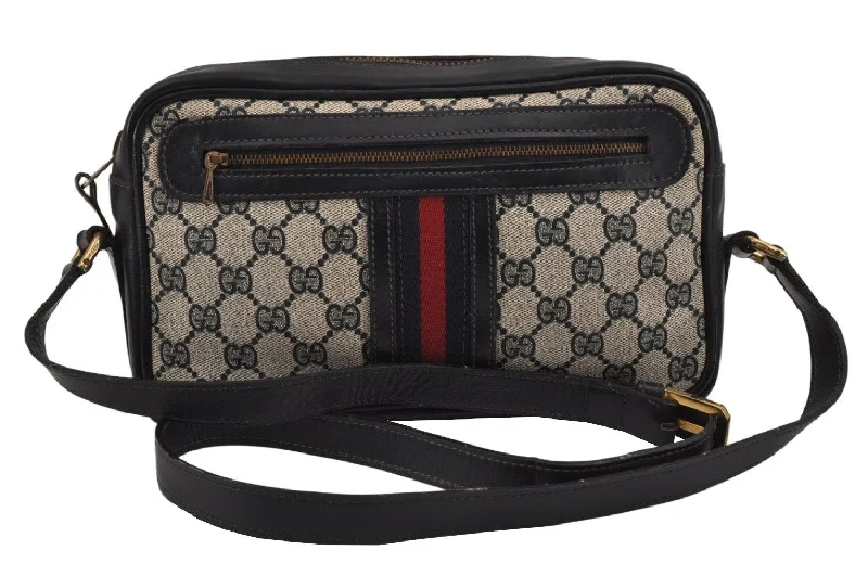 Women Gucci crossbody bags with a printed floral patternAuthentic GUCCI Sherry Line Shoulder Cross Body Bag GG PVC Leather Navy 9887J