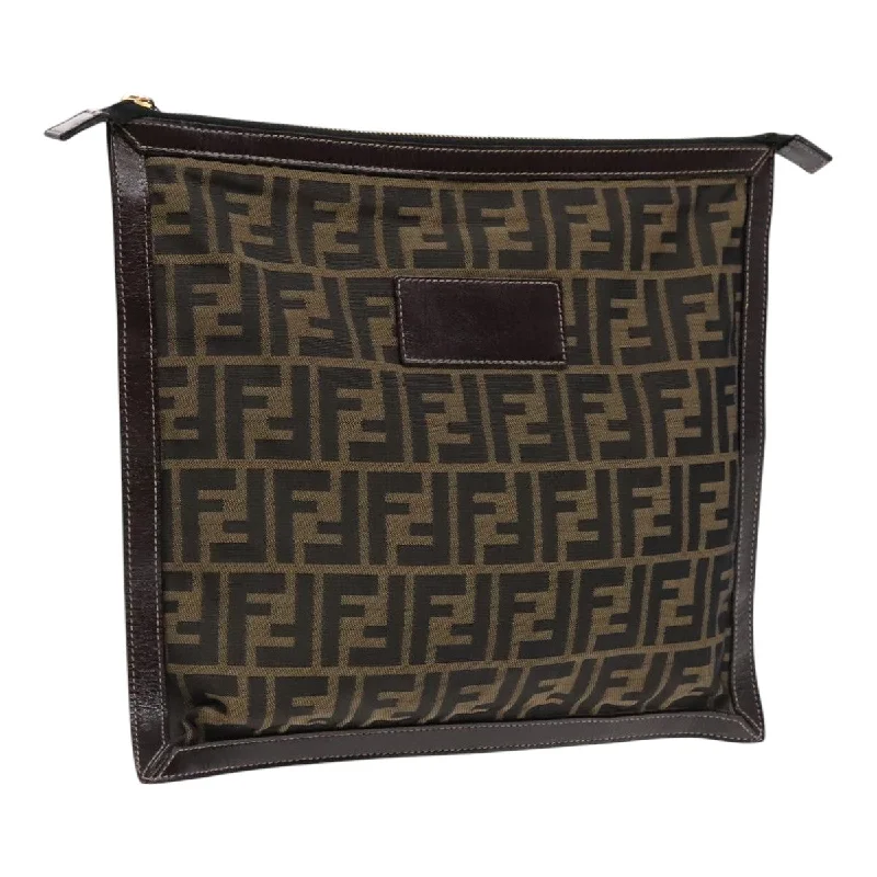 Ladies Fendi shoulder bags with a detachable phone stand for hands - free viewingFENDI Zucca Canvas Clutch Bag Brown Black gold  fm3891