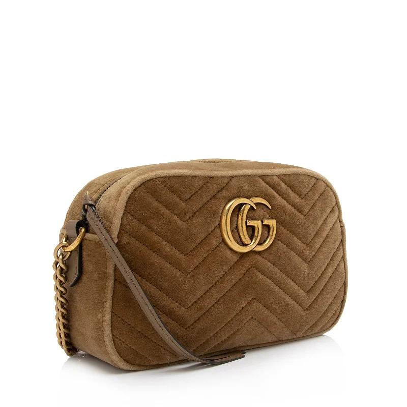 Women Gucci bags with a chain - link trim and a leather bodyGucci Matelasse Velvet GG Marmont Small Shoulder Bag (SHF-5JLMQ6)