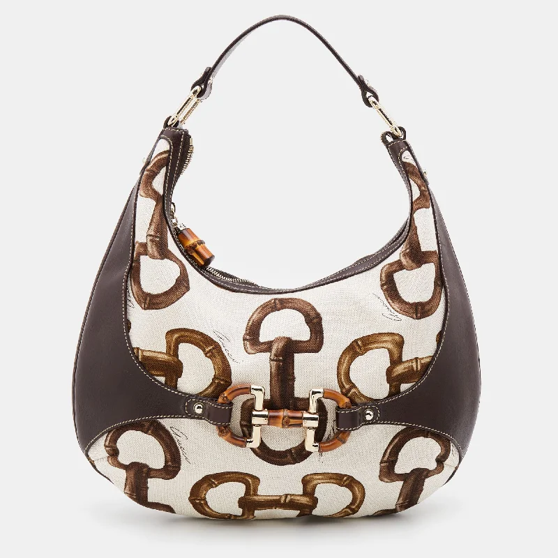 Ladies Gucci Dionysus bags with a chain - link shoulder strapGucci Brown/Off White Bamboo Horsebit Print Canvas Amalfi Hobo