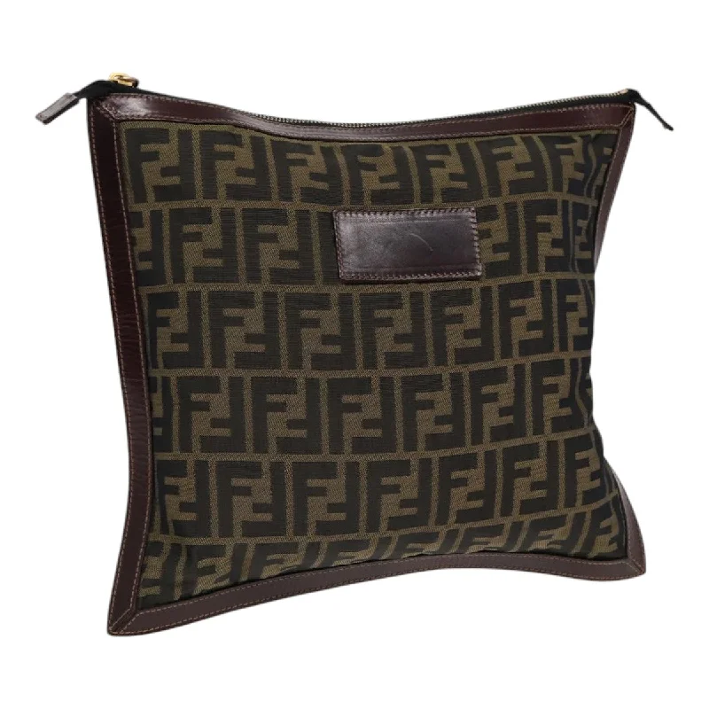 Fendi bags with a touch - screen - friendly pocket for using devices without taking them outFENDI Zucca Canvas Clutch Bag Brown Black gold  fm3776