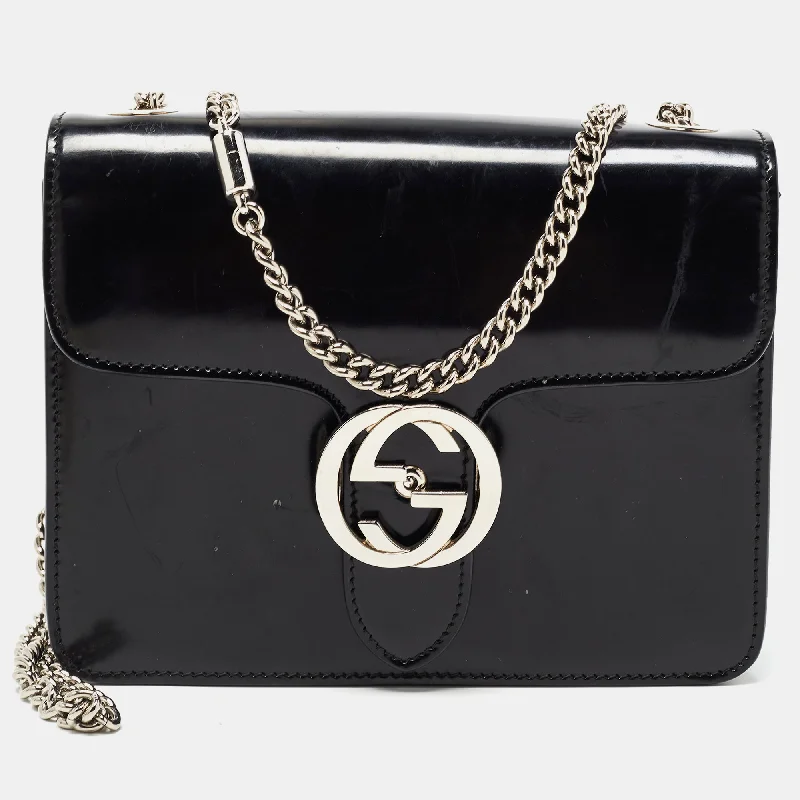 Women Gucci bags with a snap - button closure and a decorative charmGucci Black Patent Leather Small Interlocking G Shoulder Bag