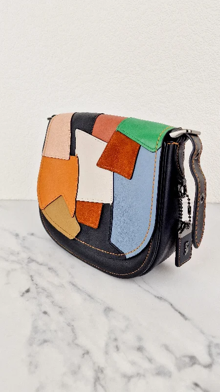 Coach bags with a chain - link trim and a leather body for a modern edgeCoach 1941 Saddle 23 Bag in Black with Patchwork Orange Blue Green - Crossbody Shoulder Bag Coach 38482