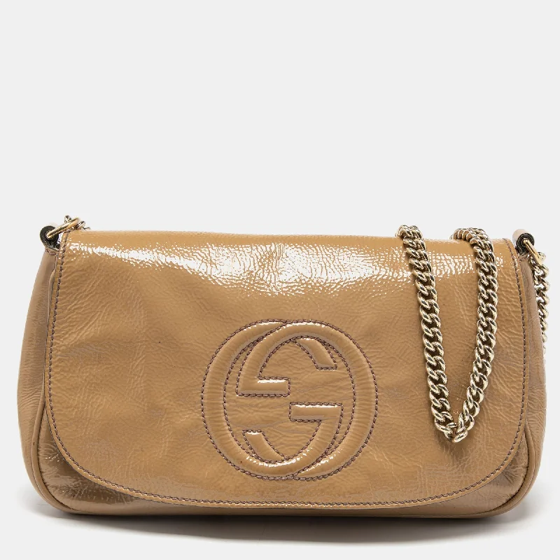 Gucci Marmont bags for women with a snakeskin - effect panelGucci Beige Patent Leather Soho Flap Shoulder Bag