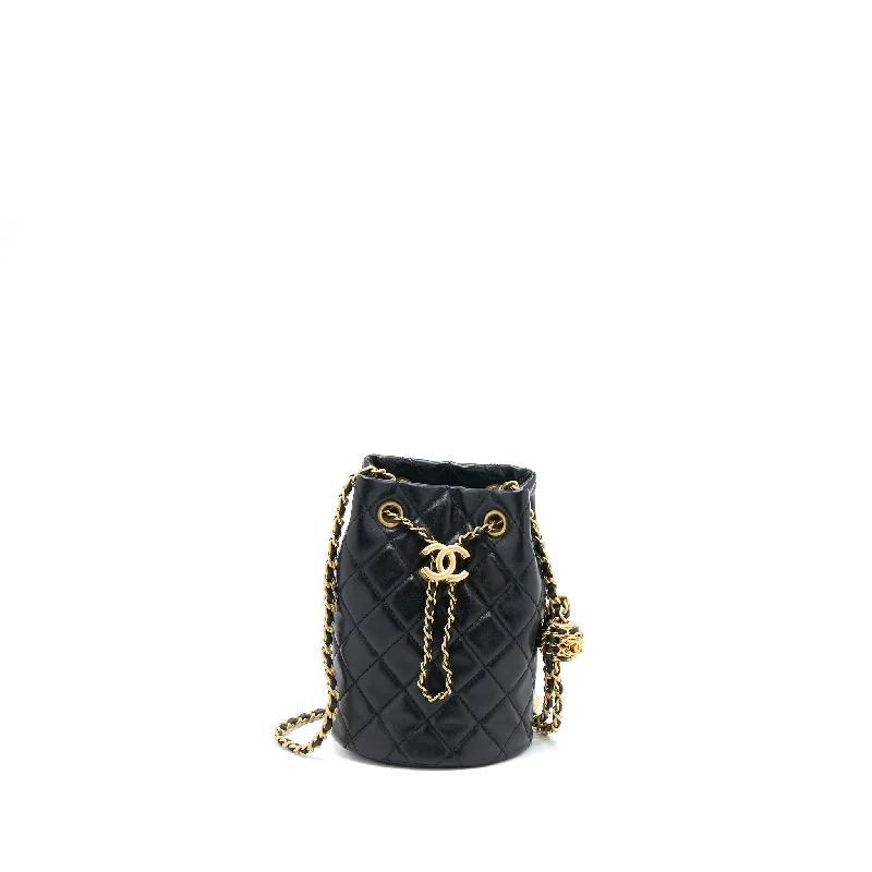 Chanel Handbag with Adjustable Strap for ComfortChanel 22S Pearl Crush Bucket Bag Lambskin Black Brushed GHW (Microchip)