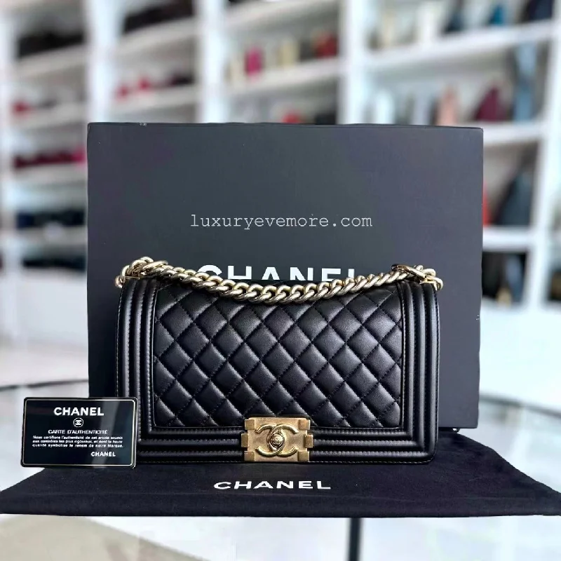 Chanel Limited Edition Handbag for CollectorsBoy Old Medium 25CM Quilted Lambskin Black Leboy Golden Hardware Series 23