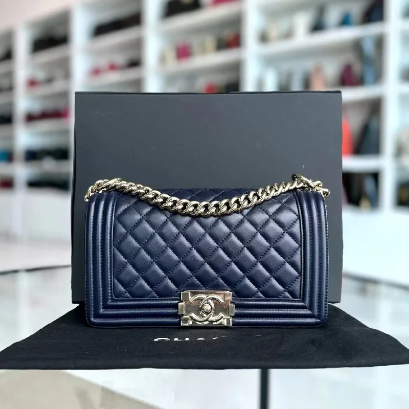 Chanel Vintage Inspired Handbag for Retro LoversBoy Old Medium 25CM Quilted Lambskin Dark Blue Leboy Golden Hardware Series 22