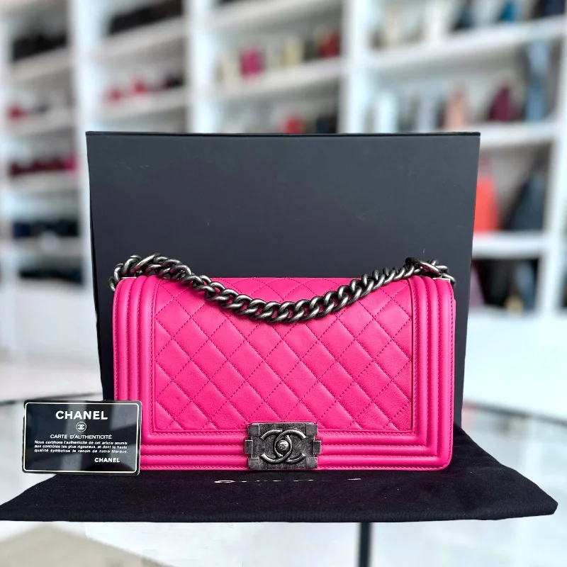 Chanel Black Handbag for Business MeetingsBoy OldMedium 25CM QuiltedLambskin Hot Pink Leboy Silver Hardware Series 19