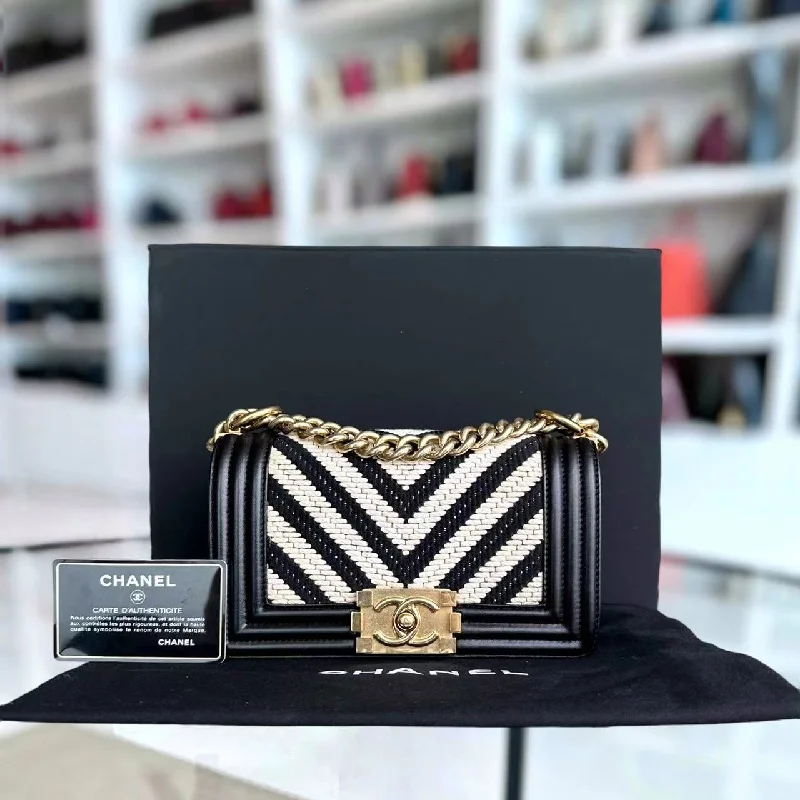 Chanel Small Crossbody Bag for TravelBoy Small Fabric Chevron Braided Black White Leboy Golden Hardware Series 23