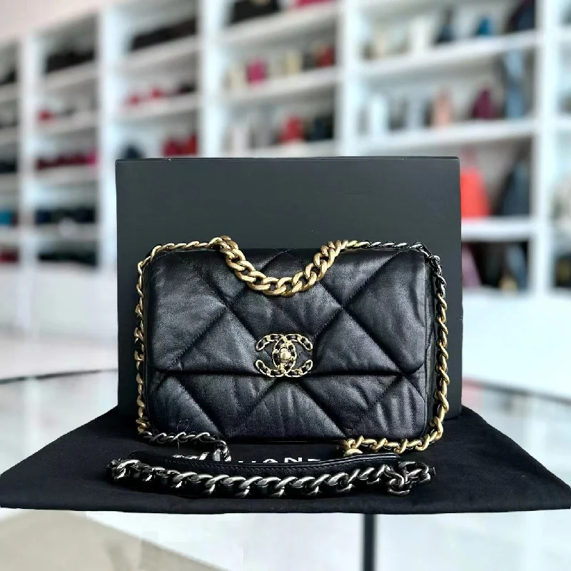 Chanel Quilted Leather Shoulder Bag for FashionistasC19 Small 19 Bag Quilted Goatskin Black Two-Tone Hardware Series 30