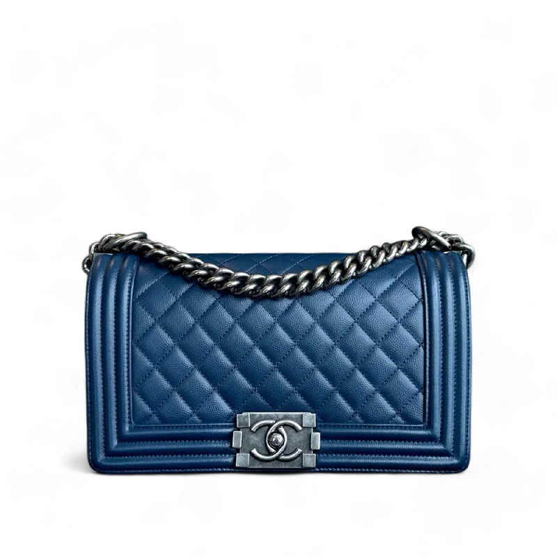 Chanel Lightweight Handbag for Daily ErrandsChanel Caviar Boy Old Medium 25CM Quilted Grained Calfskin Dark Blue Leboy Ruthenium Silver Hardware Series 25