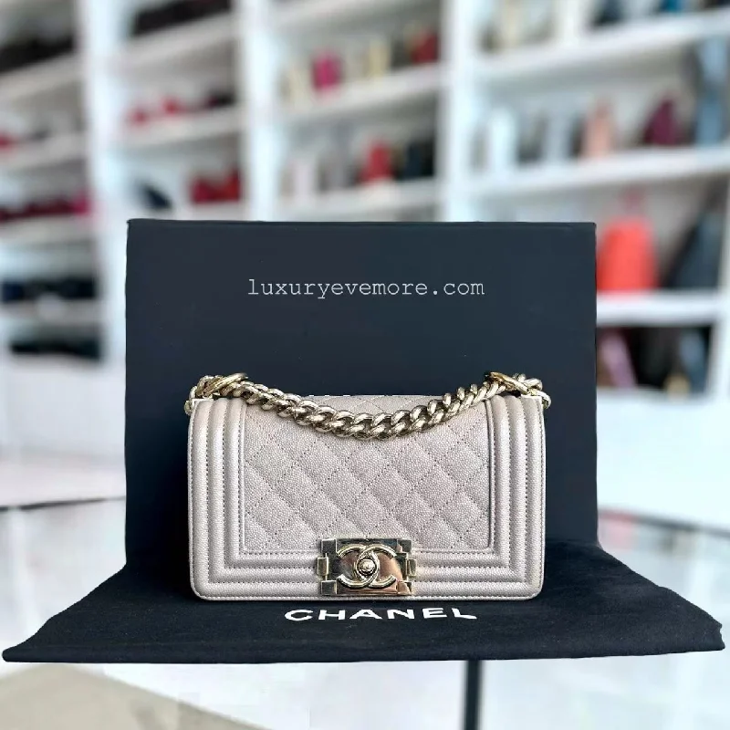 Chanel Limited Edition Handbag for CollectorsCaviar Boy Small 20CM Quilted Grained Calfskin Light Grey Gray Golden Hardware Series 23