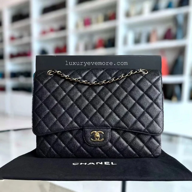 Chanel Designer Handbag with Unique DesignCaviar Maxi Classic Flap Single Flap Quilted Grained Calfskin Black Golden Hardware Series 13