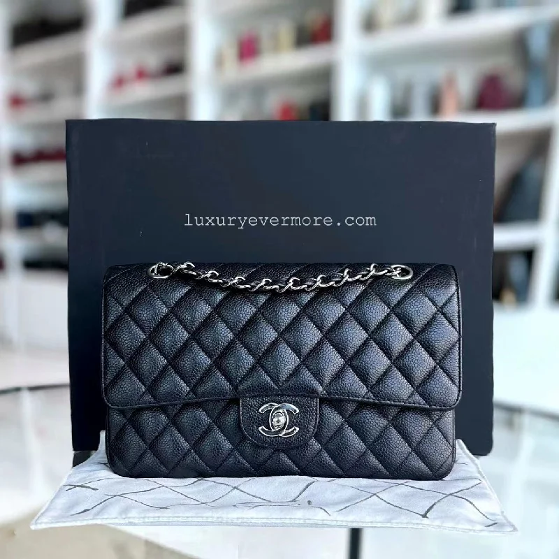 Chanel Medium Tote Bag for Office LadiesCaviar Double Flap Quilted Calfskin Black Silver Hardware Series 14