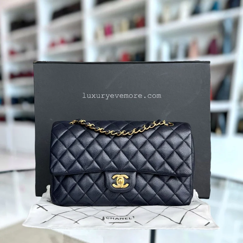 Chanel Handbag with Adjustable Strap for ComfortCaviar Double Flap Quilted Grained Calfskin Dark Blue Golden Hardware Series 21