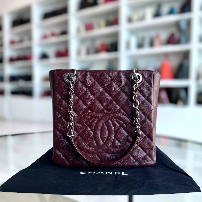 Chanel Designer Handbag with Unique DesignCaviar PST Petite Shopping Tote Quilted Grained Calfskin Burgundy Silver Hardware Series 18