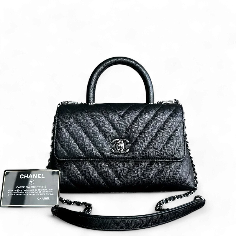 Chanel New Arrival Handbag with Gold HardwareChanel Coco Handle Small - Caviar Chevron Grained Calfskin Black Ruthenium Silver Hardware Series 28