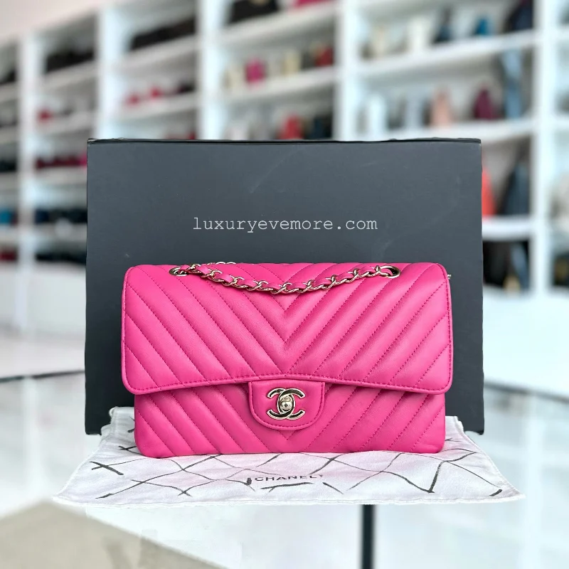 Chanel Handbag with Adjustable Strap for ComfortDouble Flap Chevron Lambskin Hot Pink Light Golden Hardware Series 24