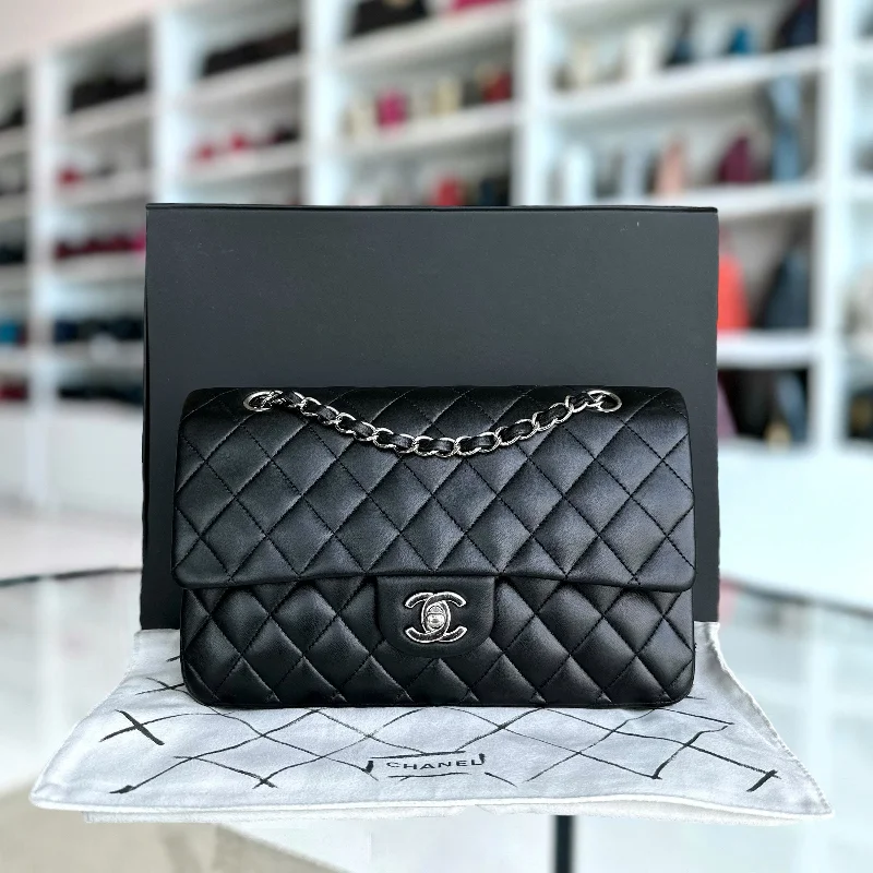 Chanel Handbag with Adjustable Strap for ComfortBalance of Quilted Lambskin Black Silver Hardware Series 13