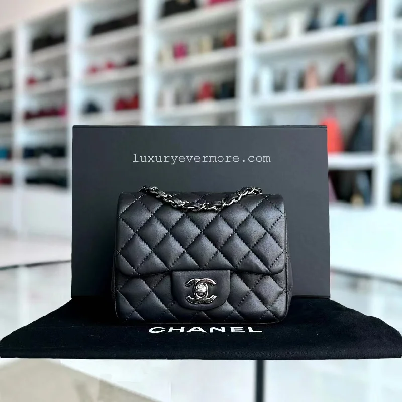 Chanel Vintage Inspired Handbag for Retro LoversMini Square Classic Flap Quilted Lambskin Dark Grey Gray Silver Hardware Series 16