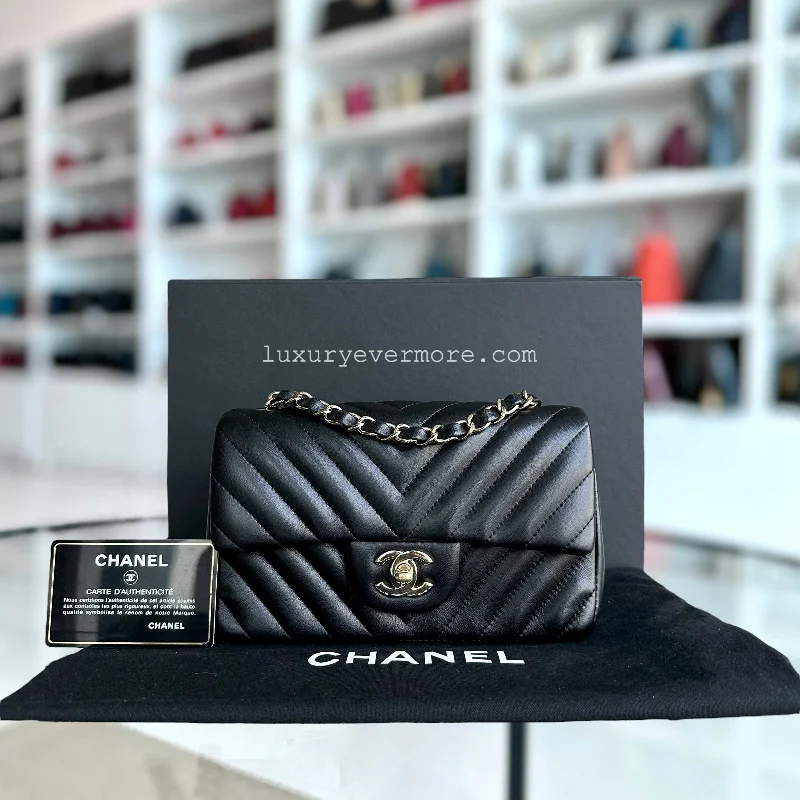 Chanel Designer Handbag with Unique Design*Full Set, Receipt* Mini Rectangular Double Flap 20CM Chevron Lambskin Black GHW No 24